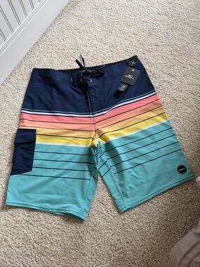 O'Neill Men’s Navy/Teal Multi-Stripe Boardshorts